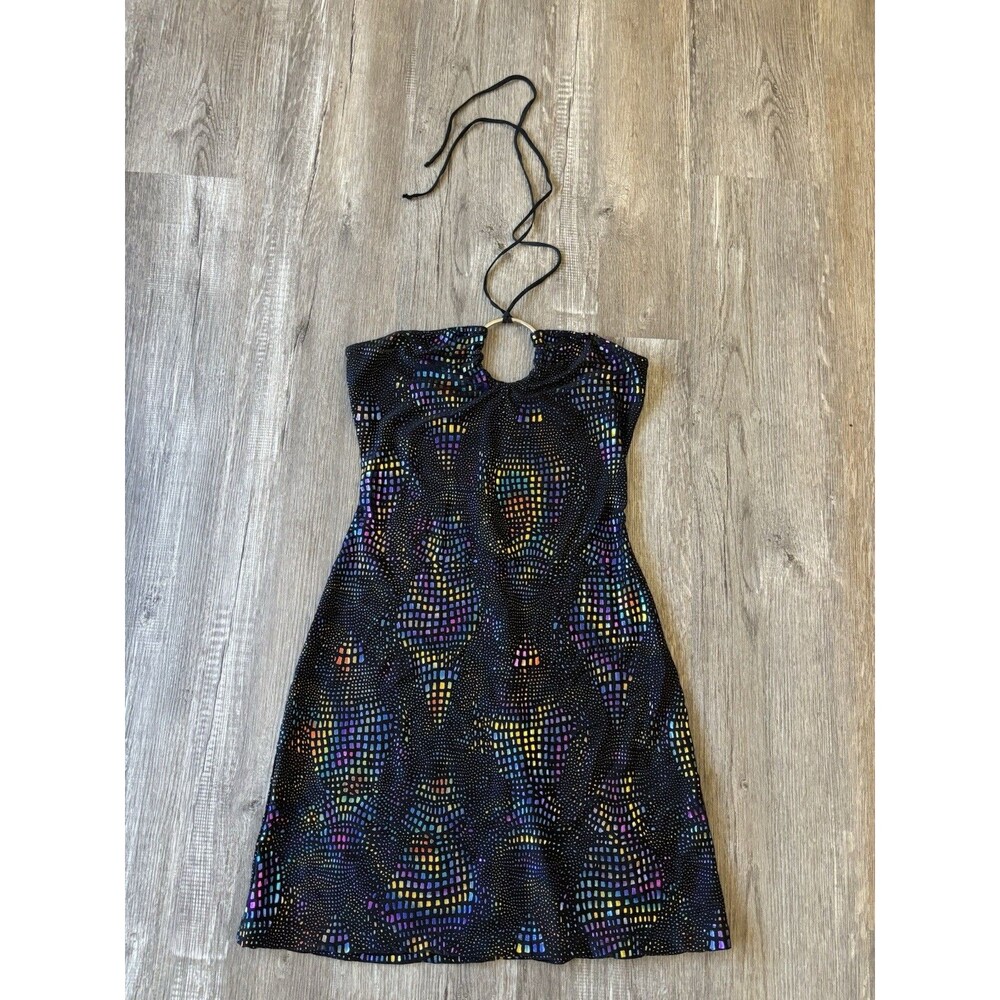 VTG Y2K Betsey Johnson O-Ring Halter Mini Dress Black Rainbow Pixel Print P S